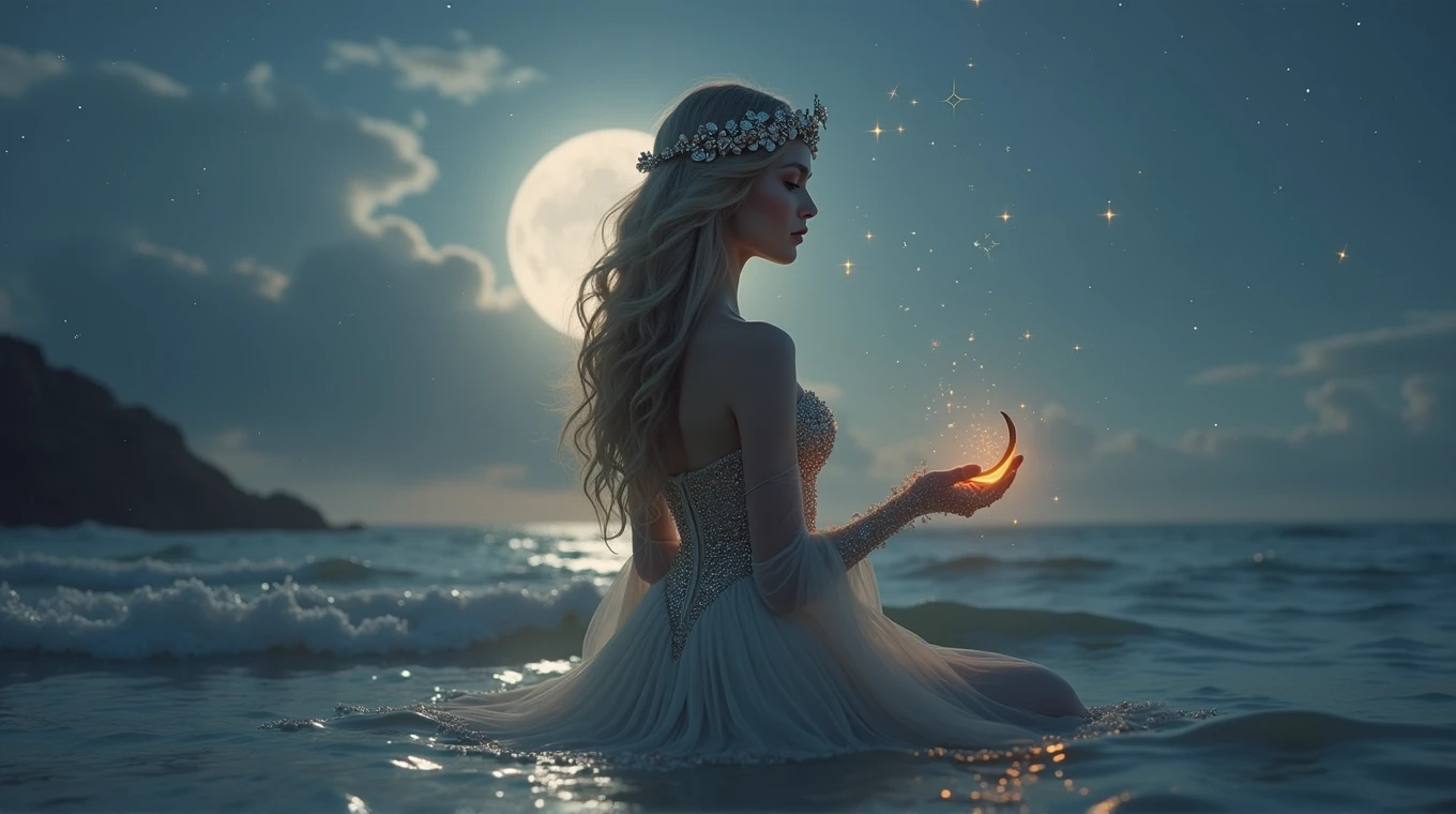 A hyperrealistic and deeply fantastical image of a woman who represents the zodiac sign of Cancer. Her hair, long and wavy, it is adorned with pearls and small seashells that reflect the moonlight. She wears a silver dress with a design reminiscent of the waves of the sea, with a corset decorated with details that imitate the claws of a crab, subtly intertwined with golden threads that shine like sand under the sun. Her makeup is mystical, with eyeshadow that recreates a nocturnal ocean, with sparkles of stars and lunar reflections, while her lips have a soft pearly sheen that evokes the reflected light in the water. In your head, a crescent moon-shaped tiara made of crystals that change color according to the light, reinforcing the connection with the moon and tides. In your hands, holds a beautiful half moon and tiny fireflies shine around it , with transparent gloves decorated with seaweed and bubble motifs, that extend to her elbows. The background is an ocean under the light of a bright full moon, with waves that seem to be suspended in time, shining with ethereal lights. Around the woman, The sky is full of shooting stars and constellations forming mystical patterns.. The scene is enveloped in a luminous mist that connects the sky with the sea, creating a dreamlike and magical atmosphere. Everything in the image, from the colors to the composition, it is designed to capture the aquatic essence, emotional and protective of Cancer, while the fantasy effects make the scene spectacular and unique, as if it were the work of a photographer of magical worlds. with bright magical lights, Warm and soft lighting, vibrant colors, ethereal and atmospheric, Very detailed, 8k, photorealistic, masterpiece