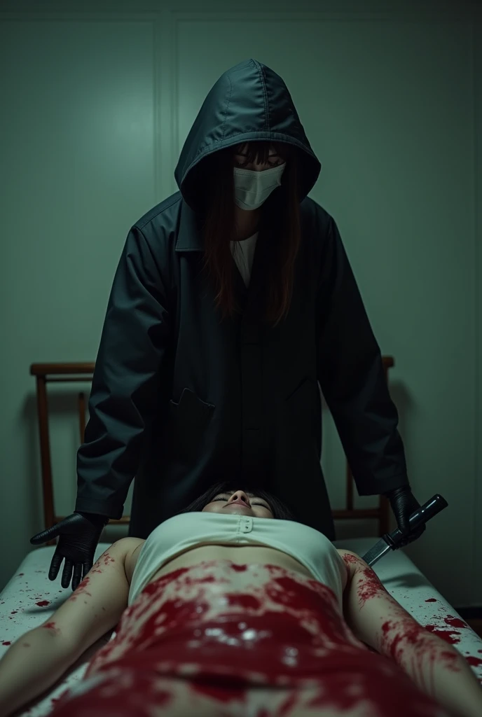Korean, (Behind the corpse, Holding a knife), surgical mask, Black gloves, Bloody room, Black Raincoat, Wear a hood, Holding a knife, Black gloves, Woman standing on top, Behind the corpse, Blood splatter, On the bed, mass murderer, killer, Long Bangs, Blood splatter, Dark atmosphere, Cinema Lighting, Atmospheric and realistic, close, 

