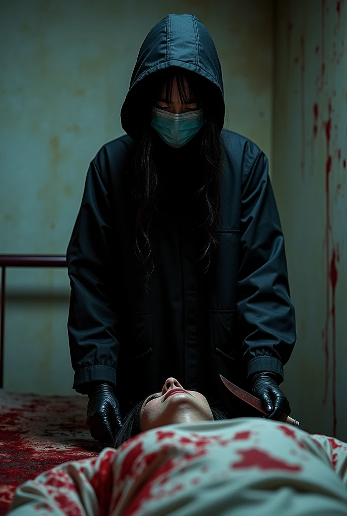 Korean, (Behind the corpse, Holding a knife), surgical mask, Black gloves, Bloody room, Black Raincoat, Wear a hood, Holding a knife, Black gloves, Woman standing on top, Behind the corpse, Blood splatter, On the bed, mass murderer, killer, Long Bangs, Blood splatter, Dark atmosphere, Cinema Lighting, Atmospheric and realistic, close, 

