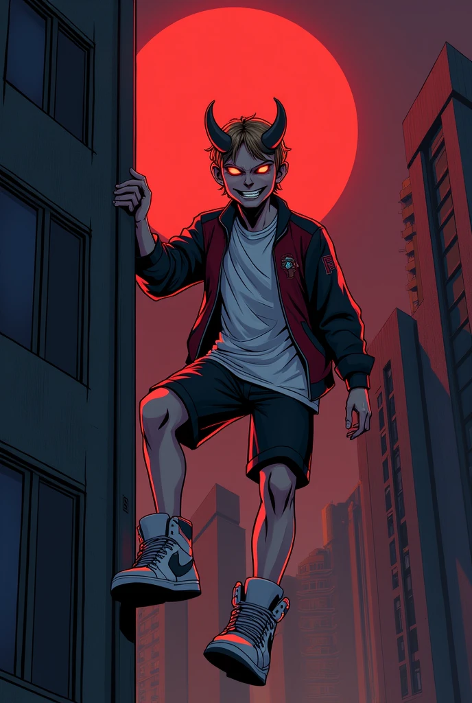 generates a scene of suspense and terror, cartoon style, a male character, light brown, of hair, negro, very short pointed,backward, with horns coming out of his forehead and are the color of his skin, which is bathed in a deep red light, His eyes are black and bright red, He is wearing a white loose t-shirt, a jacket with a collar, black and red, Black shorts and large Jordan-style sneakers. He is climbing a building with his bare hands, A smile can be seen on his face. The setting is a city in modern times, at night, There is a blood moon and all the lighting is red. The character's expression of hatred creates an atmosphere of suspense and fear.. three-dimensional effect, subtle horror movie style, noise effect. {{mix of bold dark lines and loose lines}}, isometric, three-dimensional effect, cinematic lighting.