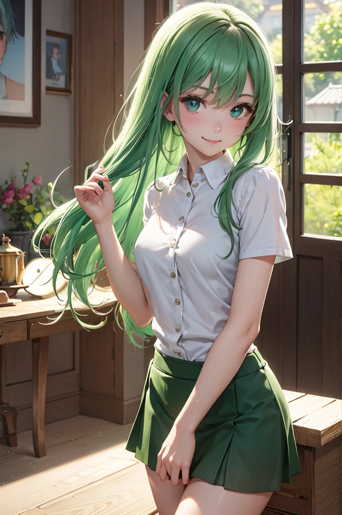 Best Quality,High resolution,8k,finelity detailed background,Masterpiece:1.2),beautiful girl,Shiny green hair,messy hair,Green Eyes,Gentle look,A refreshing look,smile,Best quality,Best Quality,Aesthetic and aesthetic:1.2,Best details((Super detailed))(High-definition CG illustrations),two-tone shirt,mini skirt,Slender body,Inside the room,smile,blush,cute,Scrounge,Looking up,Being spoiled,super model