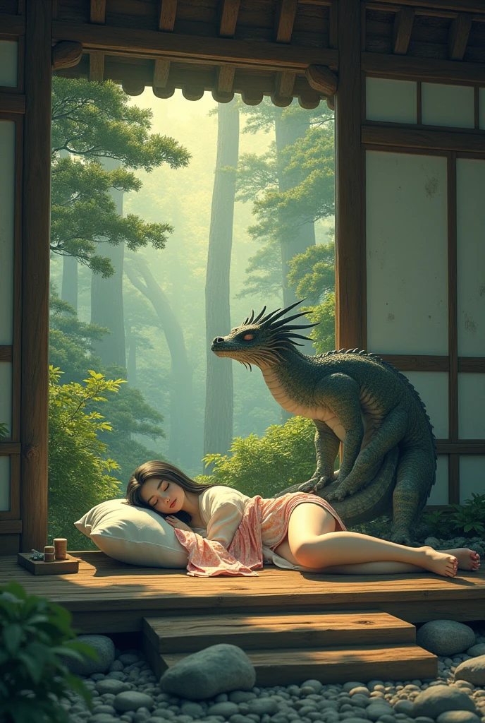 A space black-haired fairy girl in a kimono smiles and sleeps. A wooden Zen temple in the forest. Under the pine trees.,The ferocious dragon gently protects