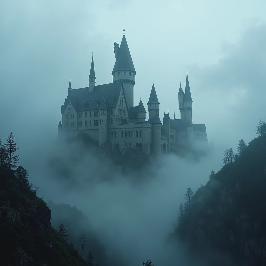 (Mysterious thick Fog), An ancient castle appears even more mysterious and unfathomable in the dense fog of the mountains. Use a wide-angle lens and low light environment to capture the full view of the castle and the flow of fog. Beautiful cinematic lighting, surreal, RAW photo, color graded, dynamic movement, captivating chiaroscuro, full body, award-winning, cinematic still, emotional, vignette, dynamic, vivid, (masterpiece, best quality, photorealistic, Professional, perfect composition, very aesthetic, absurdres, ultra-detailed, intricate details:1.3)