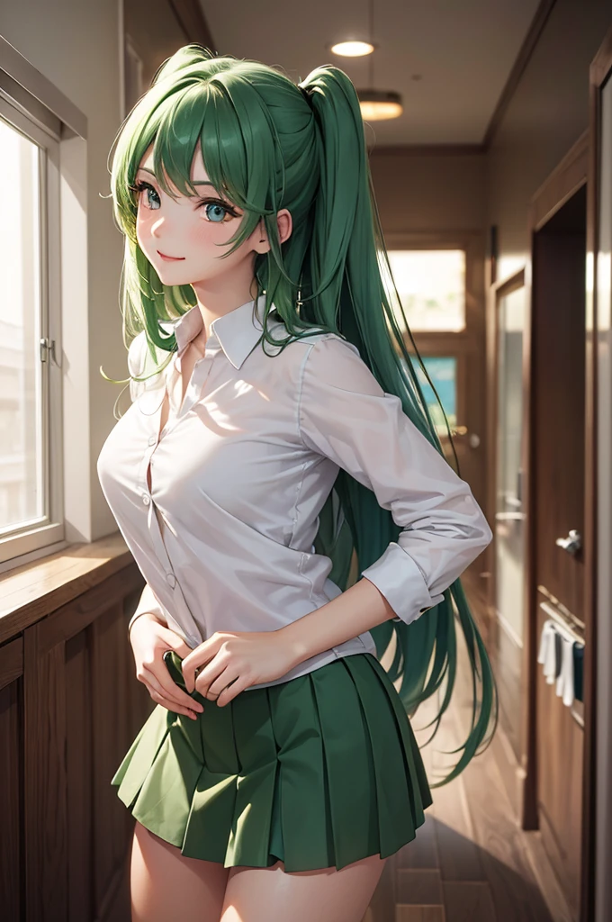 Best Quality,High resolution,8k,finelity detailed background,Masterpiece:1.2),beautiful girl,Shiny green hair,messy hair,Green Eyes,Gentle look,A refreshing look,smile,Best quality,Best Quality,Aesthetic and aesthetic:1.2,Best details((Super detailed))(High-definition CG illustrations),two-tone shirt,mini skirt,Slender body,Inside the room,smile,blush,cute,Scrounge,Looking up,Being spoiled,super model