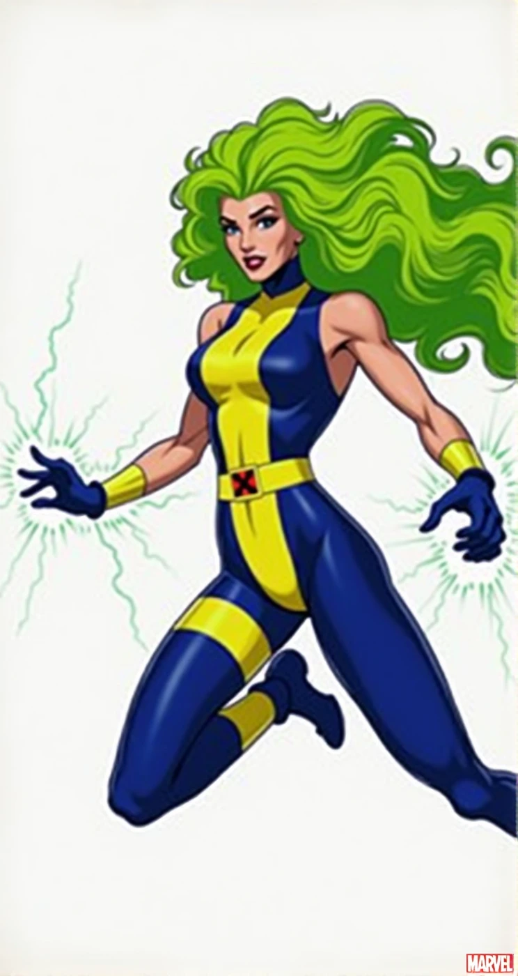 Lorna Dane, polaris x-men, (green thick wavy long hair:1.4), wearing a blue costume, with yellow xmen belt, yellow glowes, yellow boots, flying in a energetic force field, (she's using her green power:1.3), (comic style:1.4)