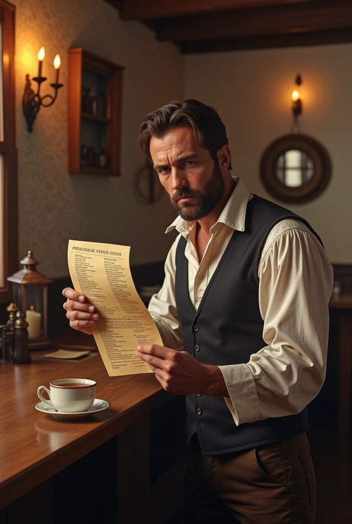 An American is looking at a bill,standing at the counter of the restaurant and became angry because of heavy taxes of Britisher's, on the tea.