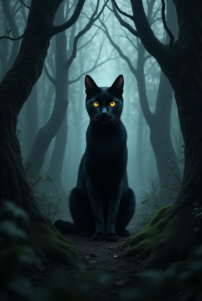 A black cat lying like a sphinx watching me in the middle of a dark forest.