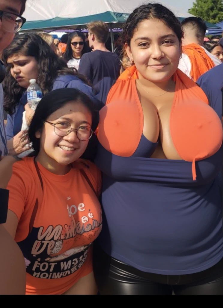 several people are posing for a picture in front of a crowd, profile pic, profile picture, very very low quality picture, having a great time, group photo, with the sun shining on it, hundreds of them, over-shoulder shot, pictured from the shoulders up, karla ortiz, center of picture, wearing an orange t shirt, discovered photo, Big tits, huge tits, no clothes, sexy, cute, minimal clothes, thick, bbw, chubby stomach, thick nipples, nipple piercings, large areola, hard nipples, piercing through shirt, nipples hard through shirt, busty, major cleavage, naked, ripping through top, spilling over sides, bra too tight, giant tits, extra wide hips, upper body zoom in, showing off huge tits, fat stomach, see through top, fat bbw, large areola showing, major cleavage, latina, down to stomach, wide hips, sexy, upper body zoom, thick arm, showing off , top half only, showing only upper, height difference, down to waist, tall and short girls, belly worship, worship, touching each other sexy, touch other sexy style, tall and short standing next to each other, two thicc girls different heights, no pants, touching , twerk together, height difference