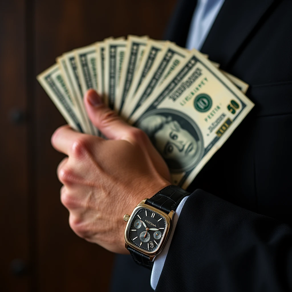 Take a realistic picture of me holding a stack of 50 bills in one hand and wearing a Festina watch with a rectangular face.