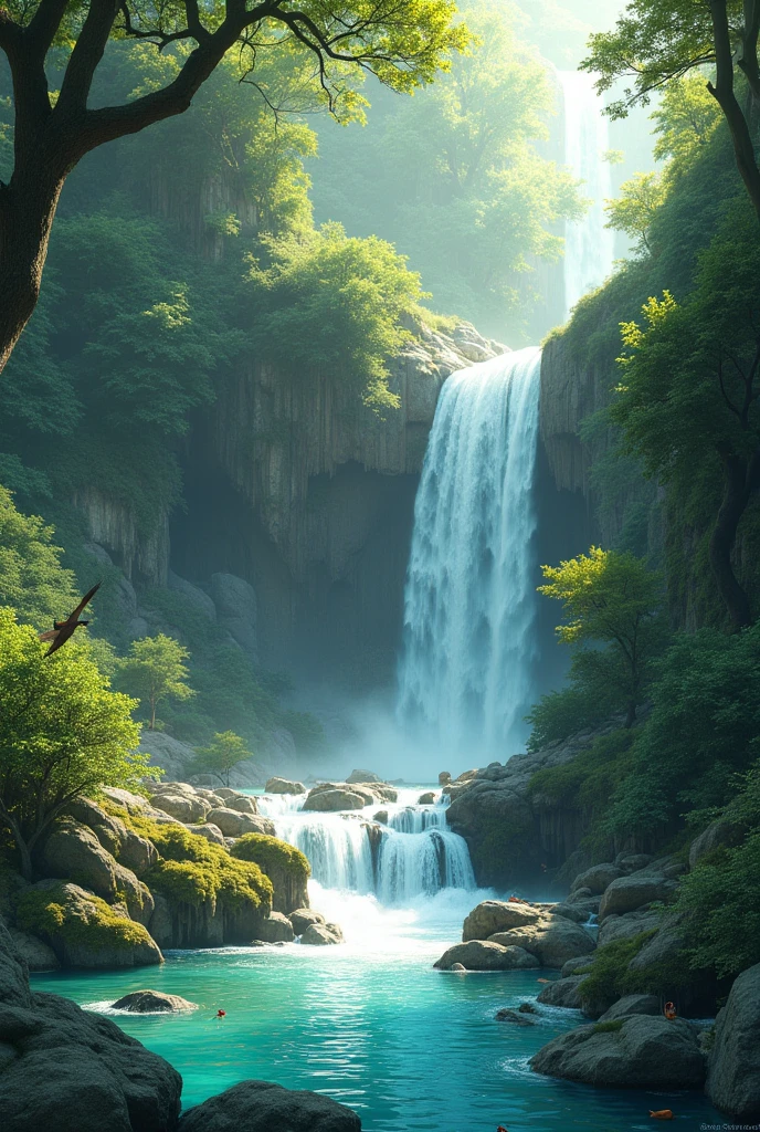 generate an image of serene waterfall with some wildlife
