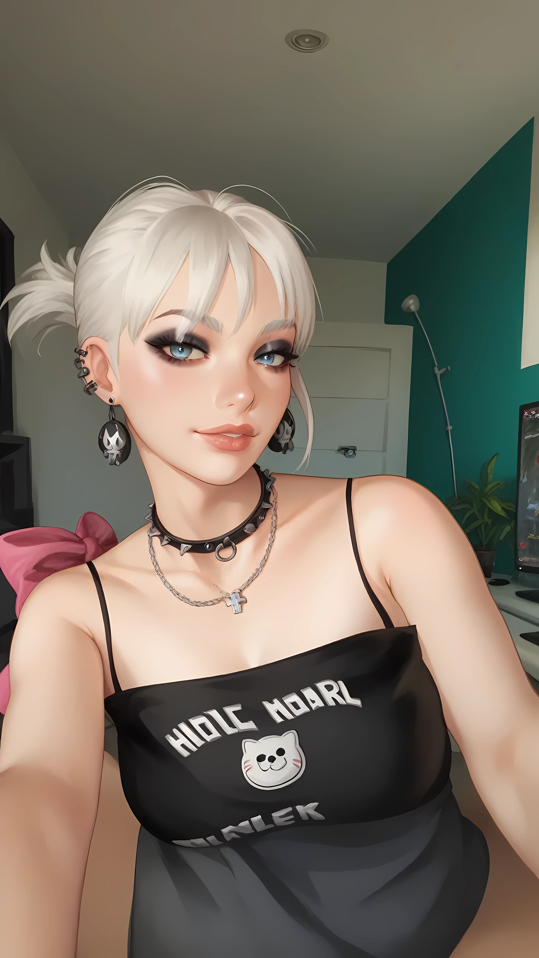 1girl, white hair, bangs, ponytail, medium long hair, soft lips, smile, makeup, blond woman with a black top and a necklace on her neck, hello kitty top, pink bow, very very pale blond hair, extremely pale blond hair, 22 year old goth girl, pale hair, wearing black choker, angiewolf, perfect white haired girl, pale goth beauty, girl with white hair ponytail, goth earrings, wearing choker, twitch streamer / gamer ludwig
