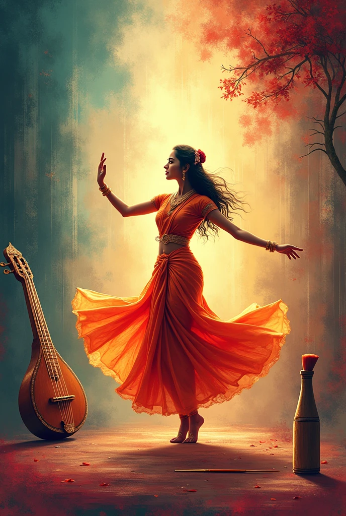 Please generate a poster background with instrument Veena, a microphone, a girl dancing mohiniyattam , a painting brush please include all these as background images maybe like watermark.. everything happening at different places different stages 