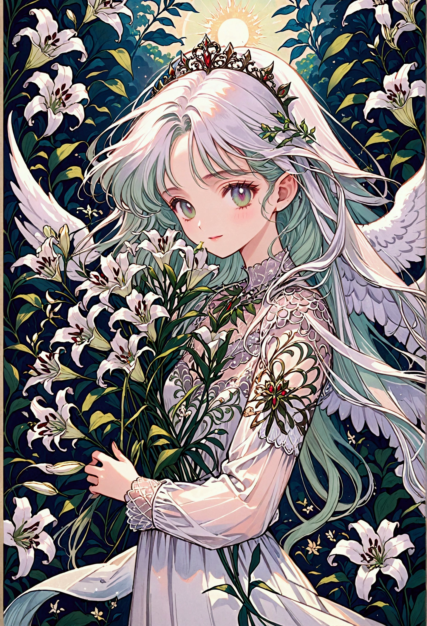 high quality,masterpiece,Delicate features,Delicate hair,Delicate eyes,Delicate hair,Holding a Bouquet of Lily of the Valley, Dreamy Style, Wonderful gardens, Fantasy style clothing, Romantic Dresses, Beautiful and Elegant Angel Queen, Beautiful fantasy, Fantasy art style, Beautiful fantasy, Lily Queen Fey, Anime Art Nouveau, Forest Goddess, Portrait of the Angel Queen, Beautiful Art Illustration,8Khigh qualityの緻密なアート(Delicate features 細い髪の表現 最high quality masterpiece masterpiece 完成度の高さ 雰囲気感 壁紙,masterpiece,最high quality,Very detailed、Smiling Angel、Full of heart、Long eyelashes、smile