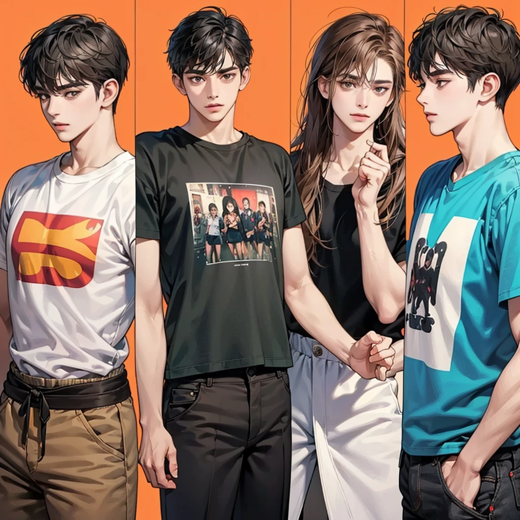 Four boys, black hair, brown eyes, simple background, high resolution, brown hair, stand in a line.., Wear a t-shirt, shut your mouth, handsome, cool,