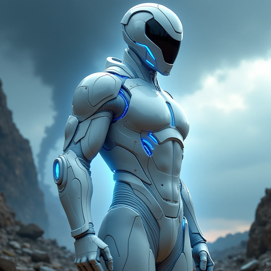 Stealthy armor, futuristic superhero, white suit, blue highlights, tornado