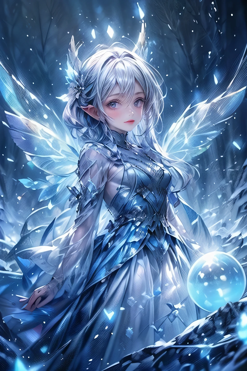 a fairy in blue costume standing on mysterious foggy snow, 1girl, solo, blue eyes, pointy ears, long blue hair, bangs, hair ornament, blue dress, fairy wings, looking at viewer, blush, (best quality,4k,8k,highres,masterpiece:1.2),ultra-detailed,(realistic,photorealistic,photo-realistic:1.37),fantasy,magical,whimsical,soft lighting,mist,snow,winter