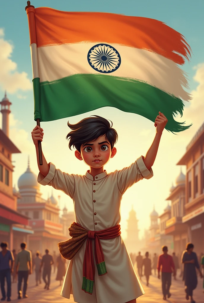 A indian boy hosting the flag