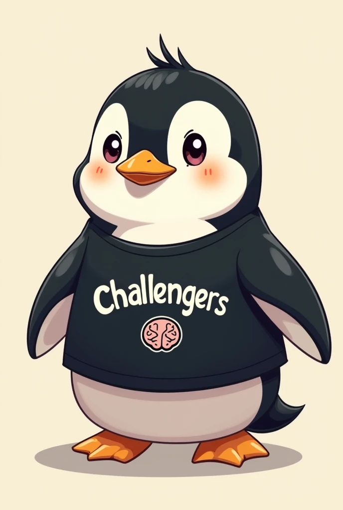 Cute but young penguin but not so  with a black shirt that says challengers that on this shirt also has a brain logo just below the phrase