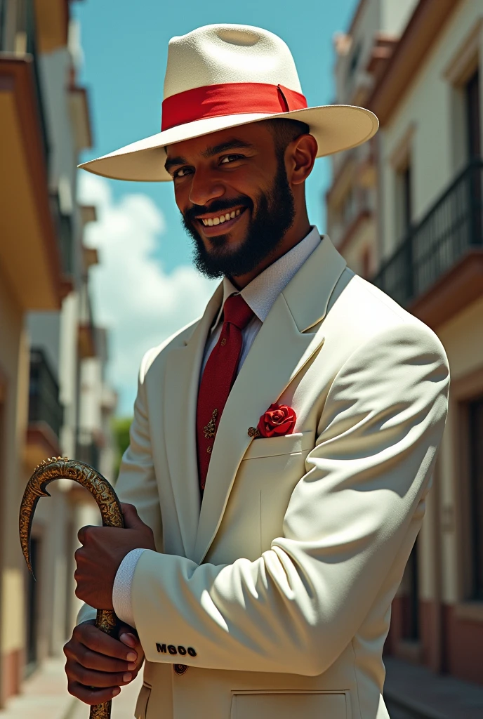 Entity Zé Pilintra, man between 27 and 30 years old, skin fair, tall and muscular, wearing a white suit with a red handkerchief in his pocket, holding a cane. 
On his head he wears a white Panama hat with a red band, his eyes are hidden by the hat, ele esta sorrindo. 
He is in front of the Lapa arch in Rio de Janeiro, Brazil.