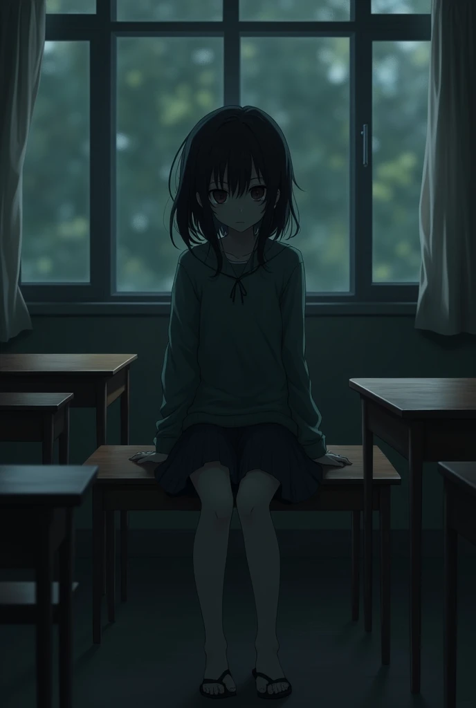 Black shadow anime hair girl sitting on classroom tables and benches,And I thought of the lips I held in my hands, Horror and Mystery Style