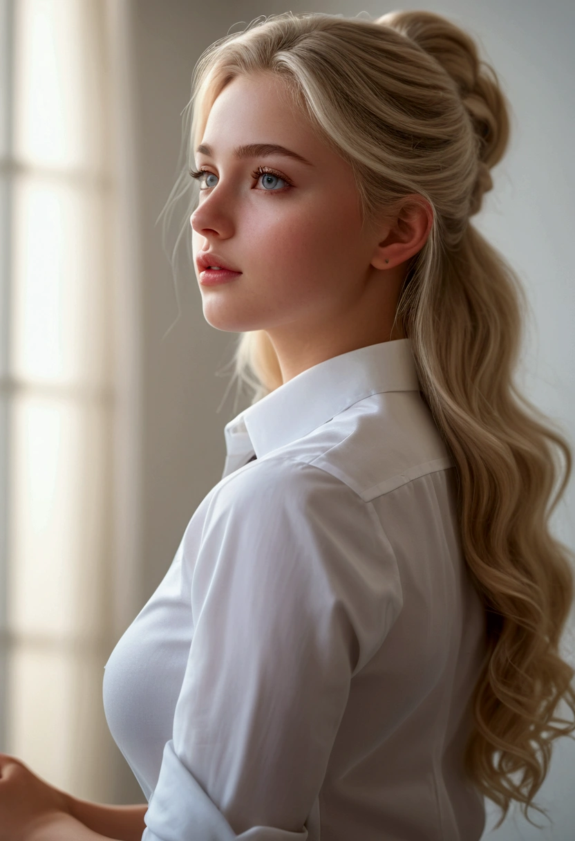 a 15 year old white blonde girl kneeling in profile, full body shot, large breasts, white shirt with heart-shaped neckline, modern well-lit room, (best quality,4k,8k,highres,masterpiece:1.2),ultra-detailed,(realistic,photorealistic,photo-realistic:1.37),detailed face,beautiful detailed eyes,beautiful detailed lips,extremely detailed eyes and face,long eyelashes,detailed skin,intricate clothing folds,natural lighting,soft shadows,cinematic composition,warm color palette