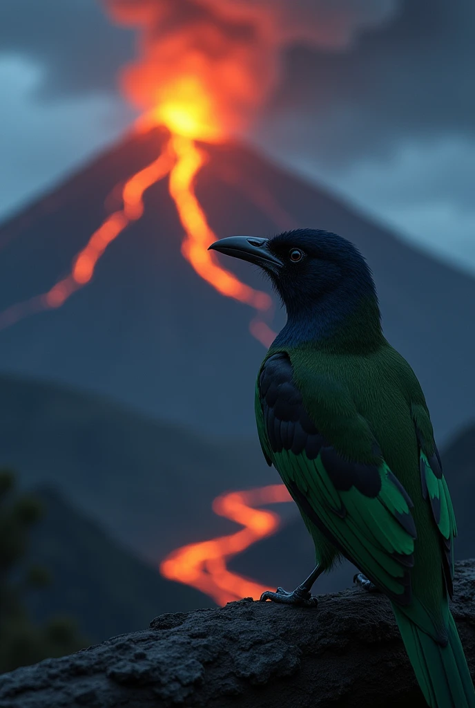 Black and green grosbeak, watching a landscape of an active volcano, at night. With a text in Spanish: Lonely Street.