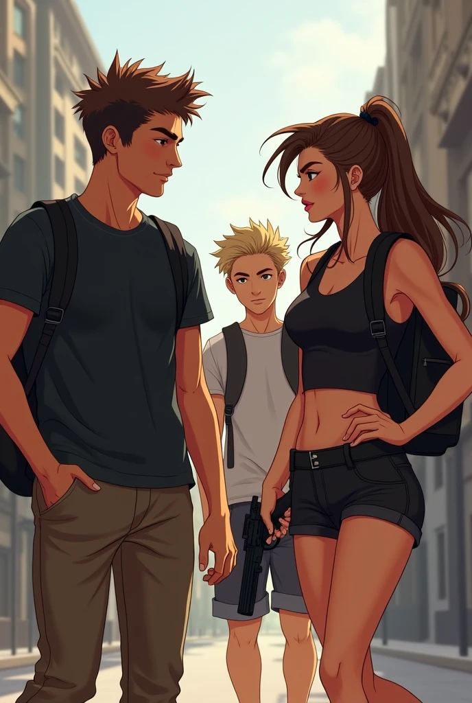 A young brown-haired man wearing a black t-shirt and khaki pants carrying a backpack accompanied by a young brunette with long hair wearing black shorts and a black tank top holding a gun in her hand, as well as a young blond man with his hair tied back.