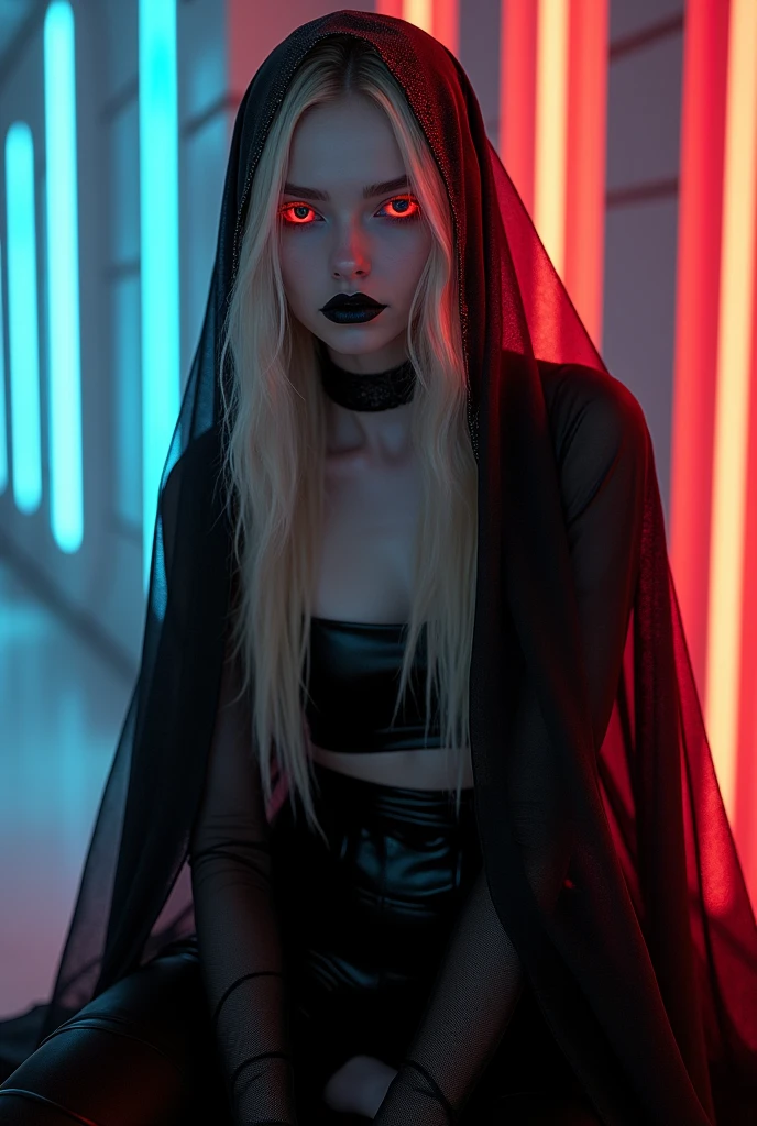 Fashionable of androgynous alien looking witch wearing veil, glowing eyes, beautiful evil slavic muscular woman, pale skin, long dark blond hair, futuristic design, minimal details, givenchy, photoreal, 200mm, hd, f/ 2.0, highly detailed, surreal , drop dead, in the style of red and blue, (intricate details, hyperdetailed:1.15) (skin texture:1.2), cinematic, professional, 4k, (((dynamic model pose))), sitting, full body