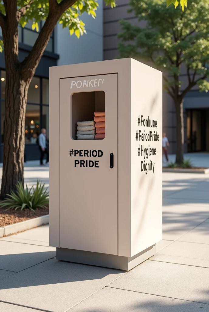 Design a sanitary towel bank in a shape of a box. It will. Be used to put sanitary towel for donations. Put some cool hashtags. Should be a cuboid another design