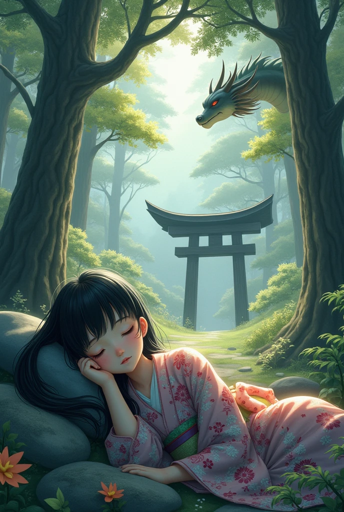 A space black-haired fairy girl in a kimono smiles and sleeps. A wooden Zen temple in the forest. Under the pine trees.,Looking down, the dragon gently guards