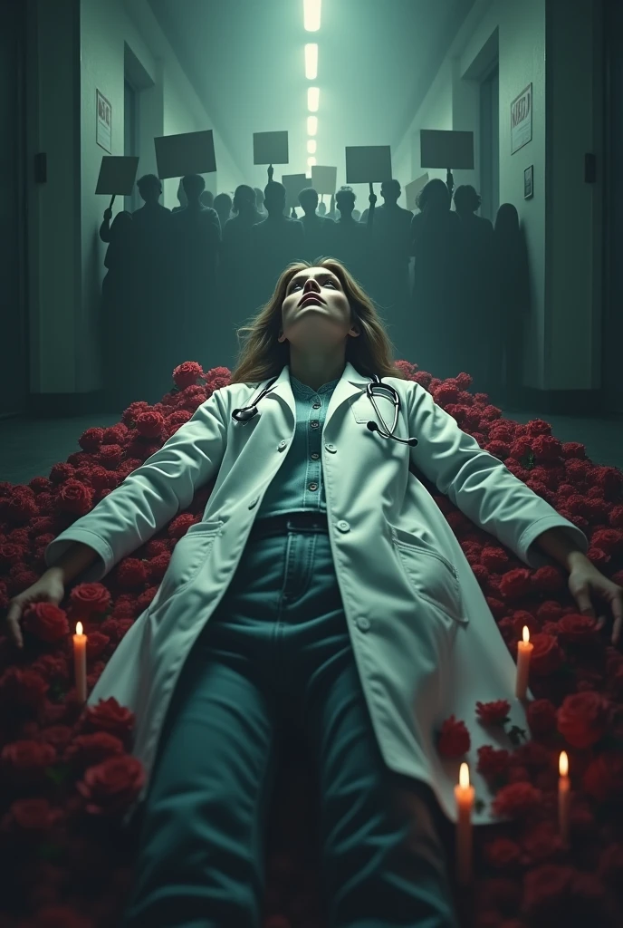 

**Description:** 
Create a poster focusing on a somber, haunting scene of a female doctor, who appears deceased, lying or standing in a white coat with a stethoscope around her neck. Her expression should convey a sense of sadness or injustice. The background should be dark and moody, perhaps with subtle medical imagery like a hospital corridor in shadows or blurred to focus on the doctor. Surrounding her should be symbolic elements like red roses or candles to signify mourning. The overall color palette should be muted with dark tones, but the white coat should stand out to emphasize her identity as a doctor.

In the background or subtly integrated into the design, include elements like protest signs or silhouettes of a crowd holding placards, ensuring the message is clear but not overly dominant. 