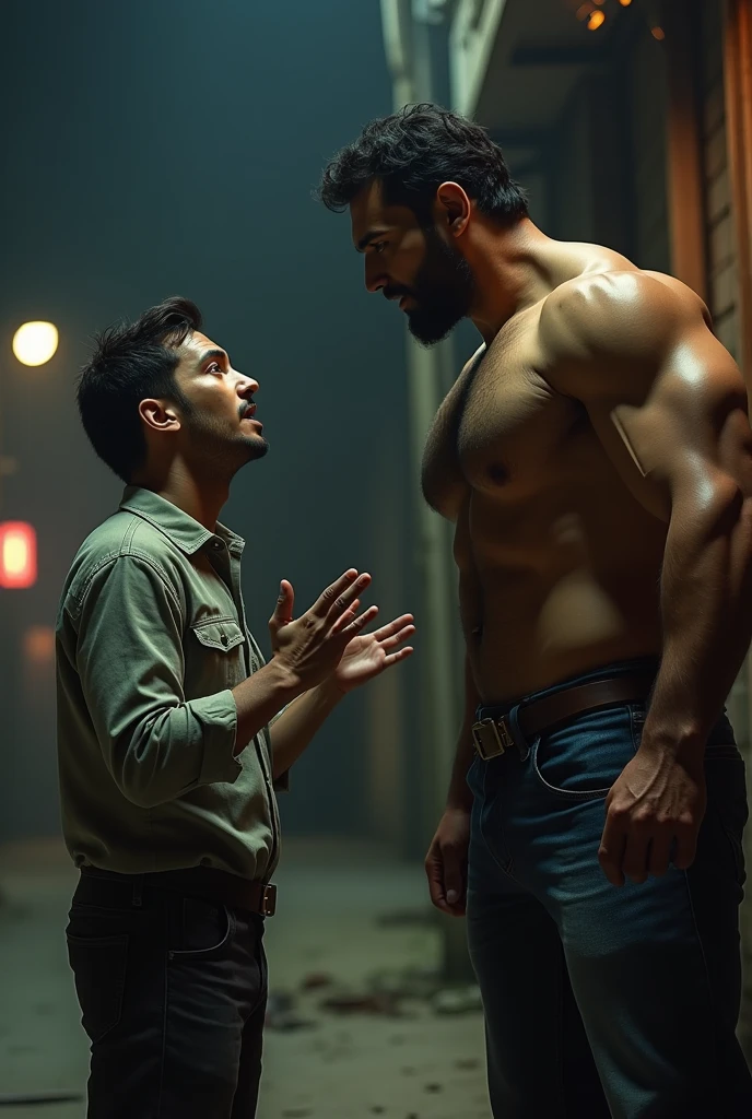 A weak man apologizes to a well built muscular guy. Indian guy. Begs for hos mercy