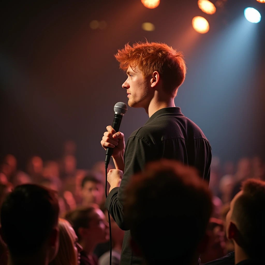 Young red-haired man with a handsome face, short straight hair, on a stage singing, with plenty of light and people watching 