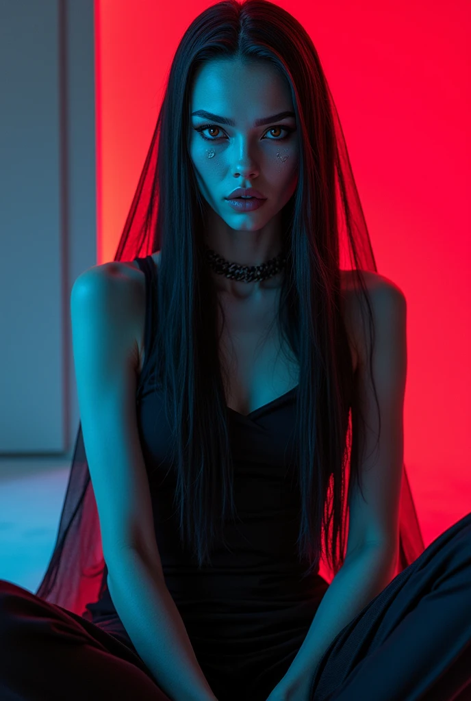 Fashionable of androgynous alien looking witch wearing veil, glowing eyes, beautiful evil slavic muscular woman, pale skin, long hair, futuristic design, minimal details, givenchy, photoreal, 200mm, hd, f/ 2.0, highly detailed, surreal , drop dead, in the style of red and blue, (intricate details, hyperdetailed:1.15) (skin texture:1.2), cinematic, professional, 4k, (((dynamic model pose))), sitting, full body