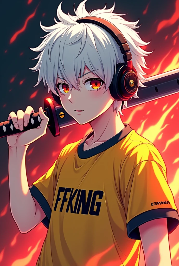 anime logo, 16 year old male, white hair wearing headphones, holding a katana with a red aura effect, wearing a yellow esports shirt, on the shirt there is the word “FF KING ” with flames burning,