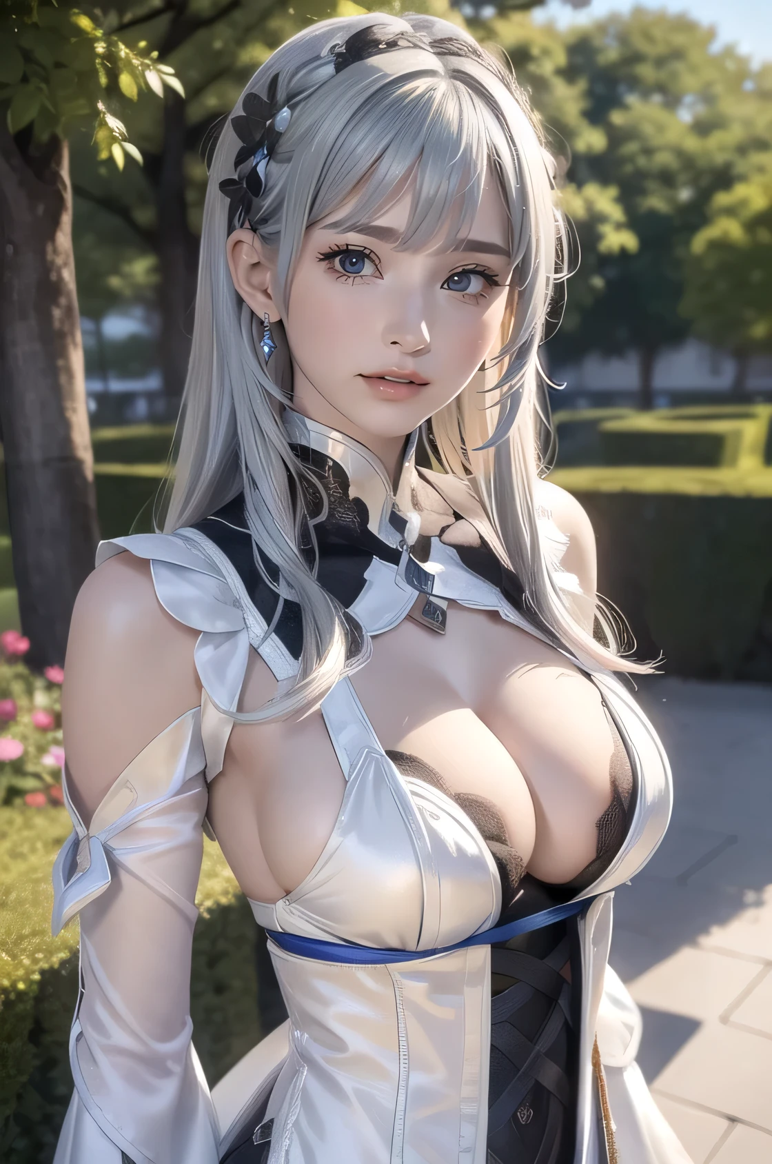 (masterpiece, Highest quality),8Kmasterpiece、Ultra-high resolution、(Realistic:1.3)、RAW Photos、Beautiful woman 1 person、(((Silver-white medium straight hair:1.2)))、Glowing Skin、1. Super beautiful cyberpunk soldier、((Ultra-Realistic Details))、Portraiture、Global Illumination、Shadow、Octane Rendering:1.2, Ultra Sharp、Beautiful breasts、Bare skin exposed at the cleavage、metals、Cool colors、、Very intricate details、Realistic Light、CGSoation trend、Beautiful Eyes、Big bright eyes、A gentle gaze toward a lover:1.2 、Highlights the eyes:1.2、(((Looking straight at the camera:1.2、Strike a pose for the camera:1.2))))、Long neck、Laugh a little、Please close your mouth and laugh:1.2、Ideal body type 、Neon Details、((Kissing expression))、((Red pupils))、( Shrug:1.2)、Expose your shoulders, Cleavage:1.2、Narrow waist、 Beautiful details, Chest Details, (A beautiful damask dress with a deep neckline and random colors:1.4), very good, , (Camel toe details), Very detailed, Highest quality, Tabletop, Outdoor 、A spacious space with greenery and flower beds々and space々A beautiful garden and::1.4、garden 、wind , From the side 、