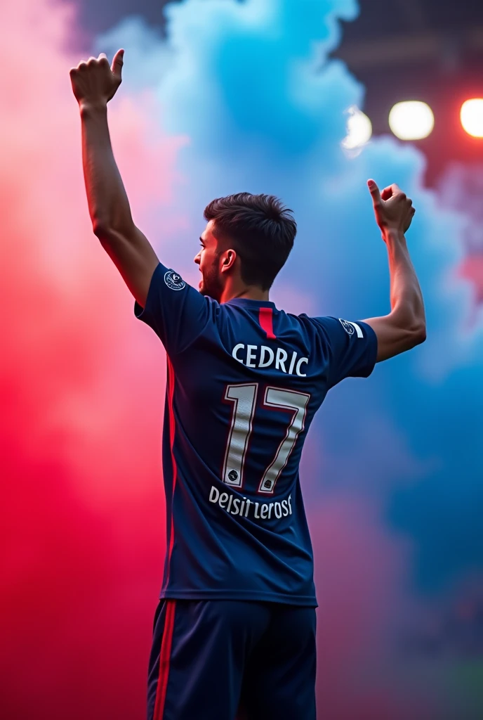 Un jeunne homme porte le maillot de Paris saint Germain anomme "CEDRIC"au dos numero 17,celebre avec des mains eleve puis il y a des fummes rouge et bleu au devant