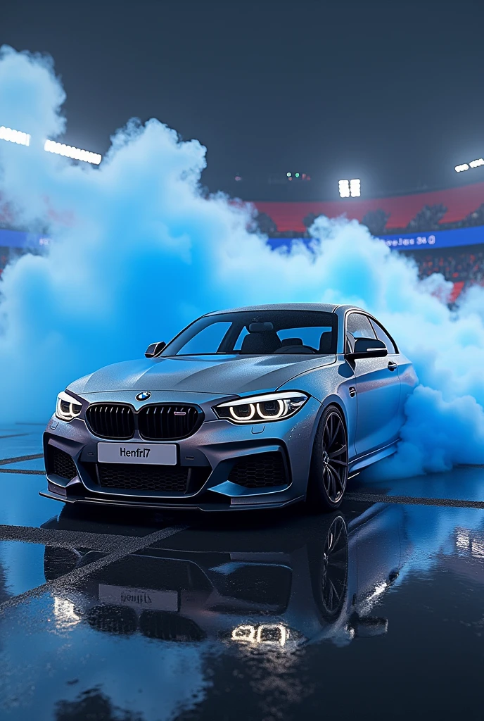 Create a bmw1 in RocketLeague, make another beautiful smoke pattern there with blue, black, grau, White Colors, the license plate should have a label " Henfri7" Stand