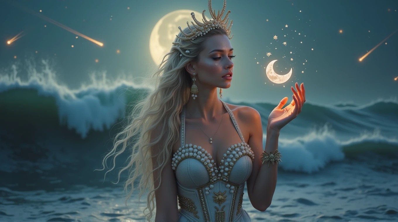 A hyperrealistic and deeply fantastical image of a woman who represents the zodiac sign of Cancer. Her hair, long and wavy, it is adorned with pearls and small seashells that reflect the moonlight. She wears a silver dress with a design reminiscent of the waves of the sea, with a corset decorated with details that imitate the claws of a crab, subtly intertwined with golden threads that shine like sand under the sun. Her makeup is mystical, with eyeshadow that recreates a nocturnal ocean, with sparkles of stars and lunar reflections, while her lips have a soft pearly sheen that evokes the reflected light in the water. In your head, a crescent moon-shaped tiara made of crystals that change color according to the light, reinforcing the connection with the moon and tides. In your hands, holds a beautiful half moon and tiny fireflies shine around it , with transparent gloves decorated with seaweed and bubble motifs, that extend to her elbows. The background is an ocean under the light of a bright full moon, with waves that seem to be suspended in time, shining with ethereal lights. Around the woman, The sky is full of shooting stars and constellations forming mystical patterns.. The scene is enveloped in a luminous mist that connects the sky with the sea, creating a dreamlike and magical atmosphere. Everything in the image, from the colors to the composition, it is designed to capture the aquatic essence, emotional and protective of Cancer, while the fantasy effects make the scene spectacular and unique, as if it were the work of a photographer of magical worlds. with bright magical lights, Warm and soft lighting, vibrant colors, ethereal and atmospheric, Very detailed, 8k, photorealistic, masterpiece