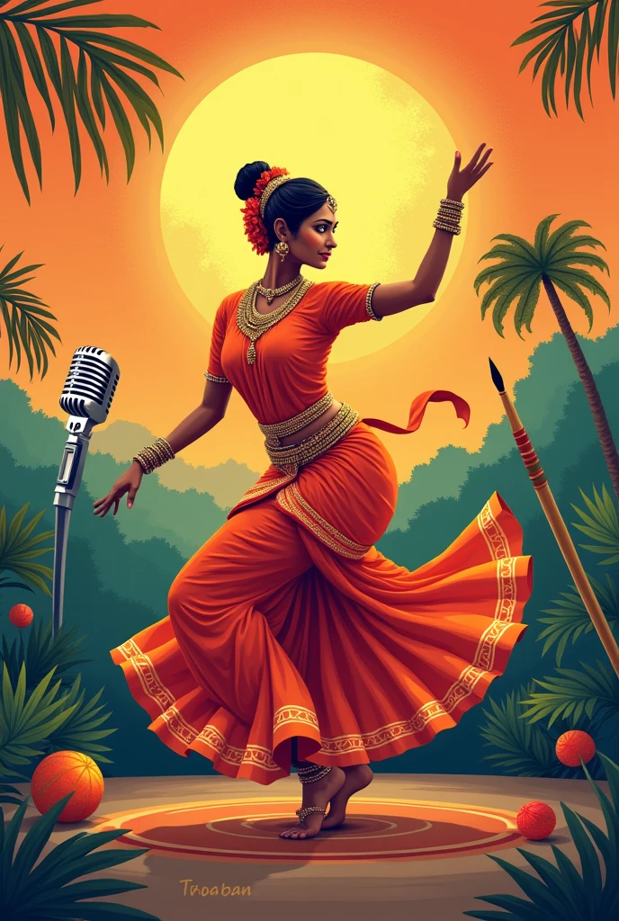 Please generate a poster background with instrument Veena, a microphone, a girl dancing mohiniyattam , a painting brush please include all these as background images maybe like watermark.. everything happening at different places different stages please add Kerala touch