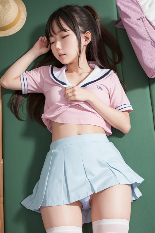 A cute Japanese high school girl taking a nap、Her skirt flips up and her panties are visible。Sweaty inner thighs