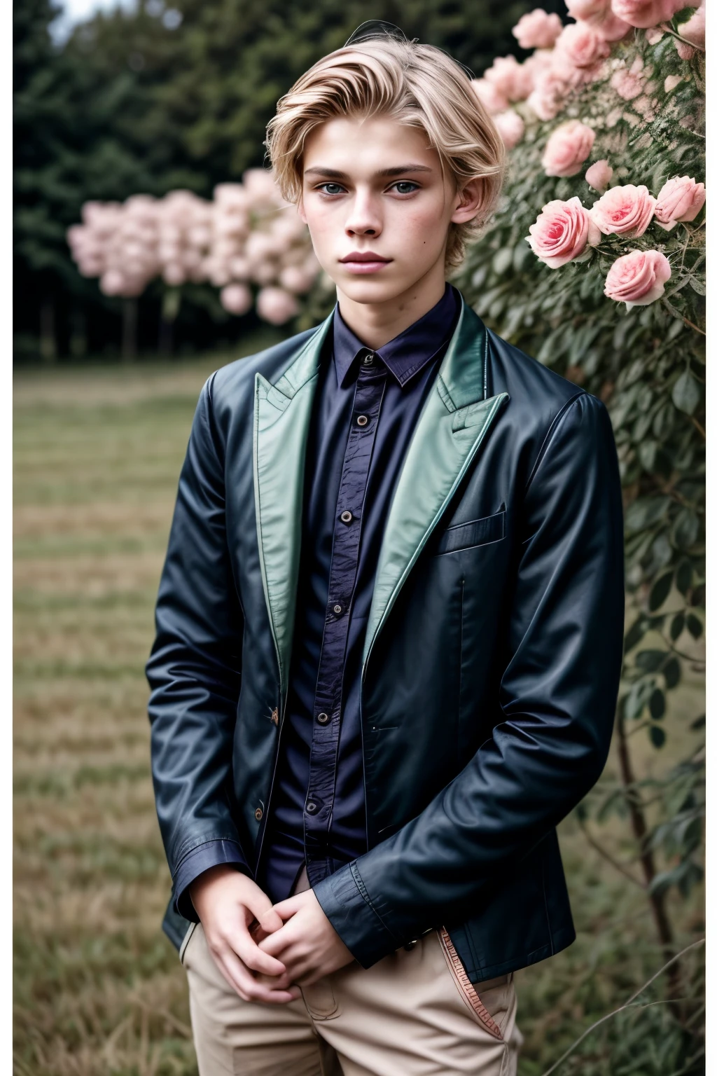 portrait of a boy in a field of pink roses, 21 years old, blonde boy, blonde hair, green eyes, beautiful boy, very beautiful boy, elegant clothes, luxury, bourgeois, elegant shirt, elegant pants, elegant jacket, film grain, real focus on him boy