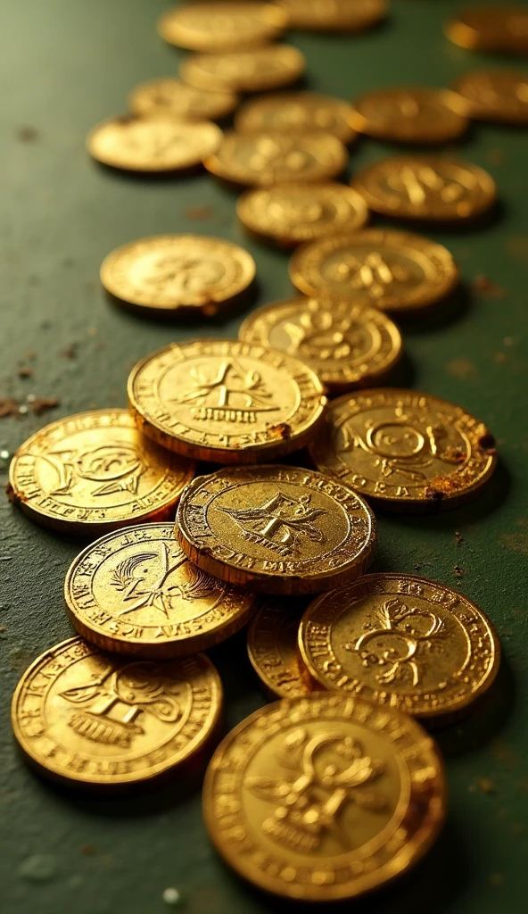 Many ancient gold coins on an olive green background