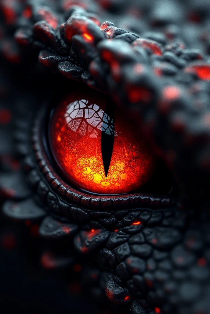 Make a red dragon eye that denotes anger, on a black background and only the eye is visible