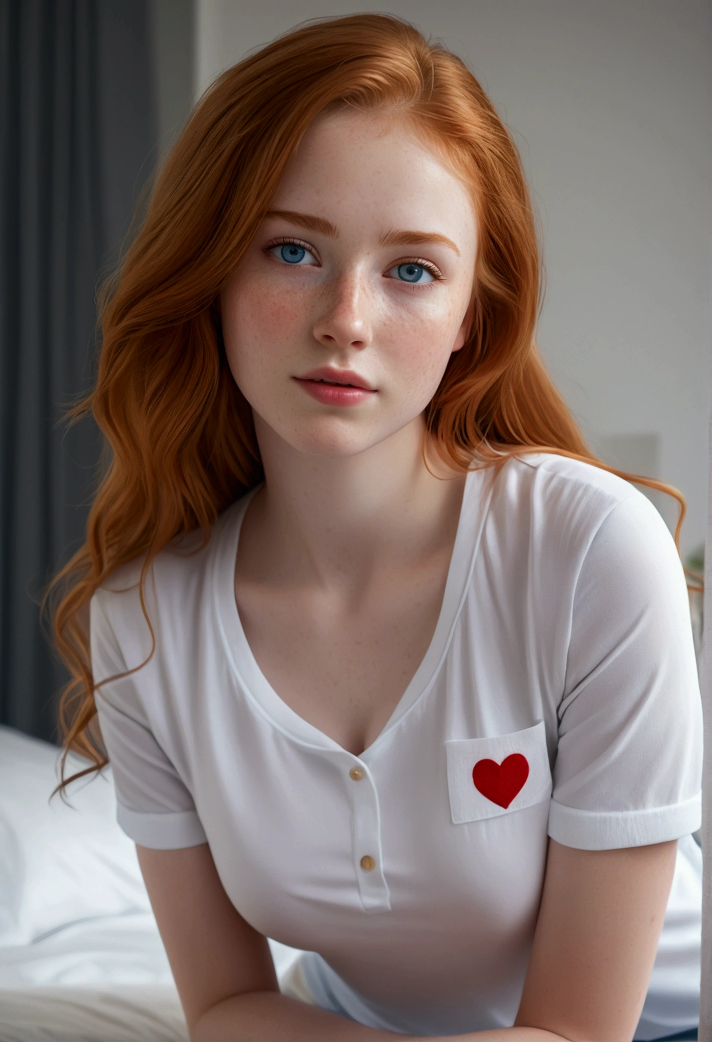 A 15-year-old white redhead girl with blue eyes and freckles, kneeling in a modern, well-lit bedroom, wearing a white shirt with a heart-shaped neckline, full body view, close-up on her large breasts, (best quality,4k,8k,highres,masterpiece:1.2),ultra-detailed,(realistic,photorealistic,photo-realistic:1.37),HDR,UHD,studio lighting,ultra-fine painting,sharp focus,physically-based rendering,extreme detail description,professional,vivid colors,bokeh,portrait