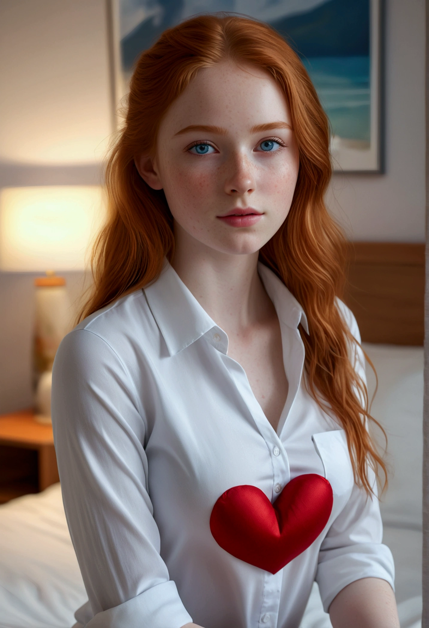 A 15-year-old white redhead girl with blue eyes and freckles, kneeling in a modern, well-lit bedroom, wearing a white shirt with a heart-shaped neckline, full body view, close-up on her large breasts, (best quality,4k,8k,highres,masterpiece:1.2),ultra-detailed,(realistic,photorealistic,photo-realistic:1.37),HDR,UHD,studio lighting,ultra-fine painting,sharp focus,physically-based rendering,extreme detail description,professional,vivid colors,bokeh,portrait