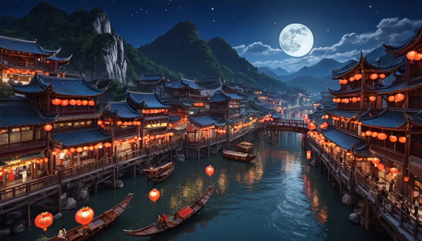 ​masterpiece, top-quality, depth of fields, high details, 8K, anime a night scene of china town, lots of shop outlets, chinese lanterns, detailed background, high angle view, beside a river, (a few wooden boats), a large bridge on the front, moon, Steep rocky mountains background