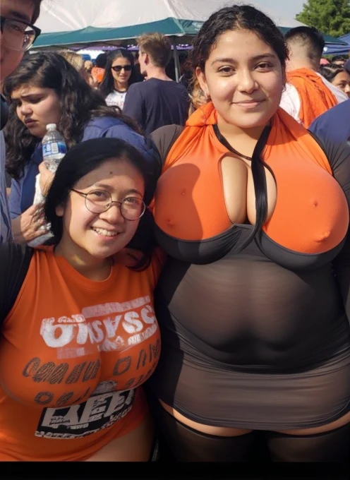 several people are posing for a picture in front of a crowd, profile pic, profile picture, very very low quality picture, having a great time, group photo, with the sun shining on it, hundreds of them, over-shoulder shot, pictured from the shoulders up, karla ortiz, center of picture, wearing an orange t shirt, discovered photo, Big tits, huge tits, no clothes, sexy, cute, minimal clothes, thick, bbw, chubby stomach, thick nipples, nipple piercings, large areola, hard nipples, piercing through shirt, nipples hard through shirt, busty, major cleavage, naked, ripping through top, spilling over sides, bra too tight, giant tits, extra wide hips, upper body zoom in, showing off huge tits, fat stomach, see through top, fat bbw, large areola showing, major cleavage, latina, down to stomach, wide hips, sexy, upper body zoom, thick arm, showing off , top half only, showing only upper, height difference, down to waist, tall and short girls, belly worship, worship, touching each other sexy, touch other sexy style, tall and short standing next to each other, two thicc girls different heights, no pants, touching , twerk together, height difference