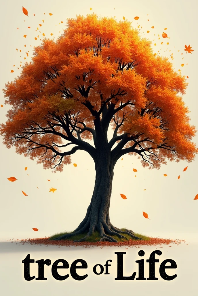 A poster depicting a leafy tree, strong trunk , autumn season, leaves falling, 3D metallic with the words "tree of Life" written in large letters at the bottom,