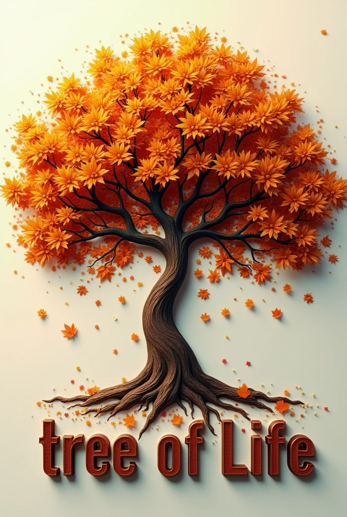 A poster depicting a leafy tree, strong trunk , autumn season, leaves falling, 3D metallic with the words "tree of Life" written in large letters at the bottom,